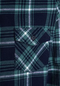 Zielona i granatowa flanelowa koszula w kratę z kieszonką na piersi z czarnym guzikiem oraz wyraźnymi białymi i ciemnozielonymi wzorami w kratę.