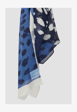 Blue abstract-patterned scarf with varying shades, featuring a lightweight, sheer texture and a white border with branding label.