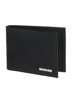 Portefeuille noir bifold avec des bords cousus et un petit logo argenté "oxmox" dans le coin avant, légèrement ouvert sur fond blanc.