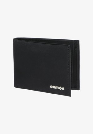 Black bifold wallet with stitched edges and a small silver "oxmox" logo on the front corner, slightly open on a white background.