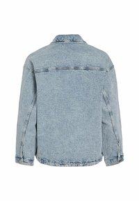 Hellblaue Jeansjacke mit lässiger Passform, Punktkragen und langen Ärmeln. Verfügt über zweifach genähten Nähte und seitliche Taschen.
