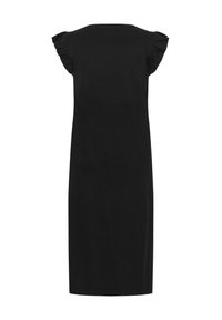 Black knee-length dress with ruffled short sleeves and a straight silhouette, shown from the back on a white background.
