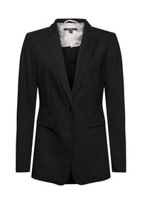 Czarna marynarka z satynowym wnętrzem, dwoma przednimi kieszeniami, wykrojonymi klapami i zapięciem na jeden guzik. Dopasowany krój z gładką teksturą.