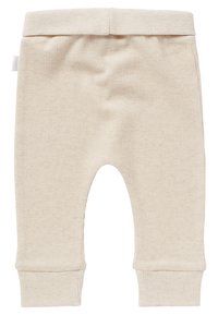 Beige ribbede babysbukser med et blødt, tekstureret stof, der har en bølget talje og indsnævrede manchetter, designet til komfort og fleksibilitet.