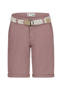 Licht mauve korte broek met opgerolde zomen, gemaakt van katoen. Voorzien van een gevlochten witte en beige riem, achterzakken en een label op de tailleband.