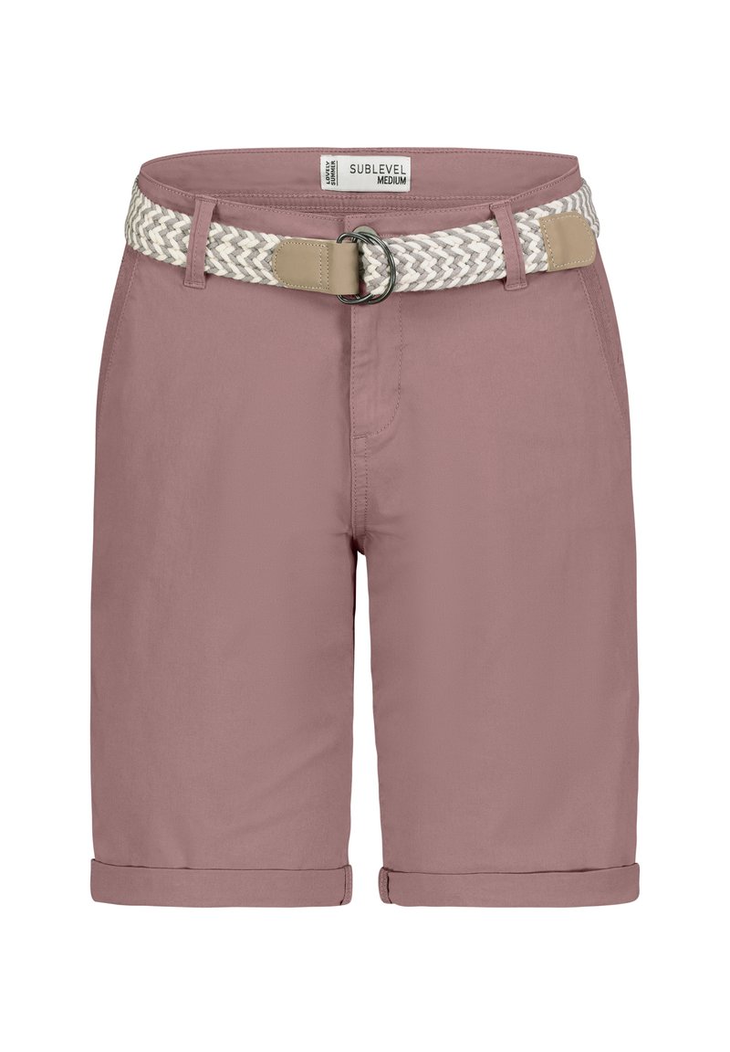 Licht mauve korte broek met opgerolde zomen, gemaakt van katoen. Voorzien van een gevlochten witte en beige riem, achterzakken en een label op de tailleband.
