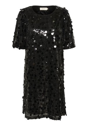 Black sequin dress featuring short sleeves, round neckline, and a loose fit. Covered in reflective circular sequins for a textured appearance.