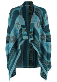 Cardigan tricoté à ouverture devant avec des motifs géométriques et rayés bleu, sarcelle et gris, doté d'un col drapé et de manches longues.
