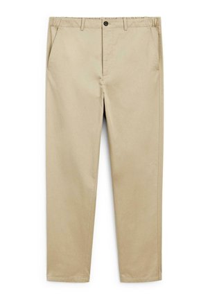 Chino beige in cotone, con tasche laterali, chiusura con bottone e design a gamba dritta. Semplice, di un colore uniforme senza motivi.