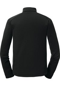 Schwarze Fleecejacke mit Reißverschluss, hoher Kragen, langen Ärmeln, geribbelter Textur und flachen Nähten für einen eleganten Look.