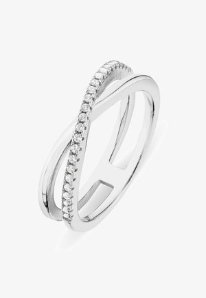 Silberner Ring mit einem Unendlichkeit-Design, besetzt mit kleinen runden klaren Edelsteinen entlang eines Bandes. Glatte und polierte Oberfläche.