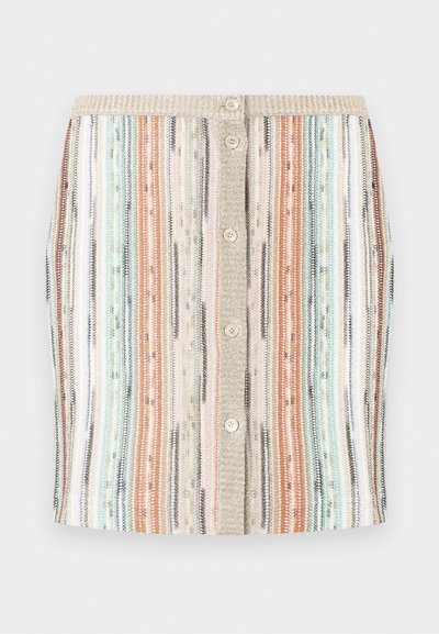Striped knit skirt with pastel colors including mint green, coral, and beige. Features a button front and a textured waistband.