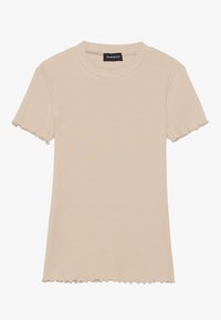 Beige ribbed t-shirt with short sleeves, round neckline, and frayed hem details. Made from a soft fabric for a comfortable fit.