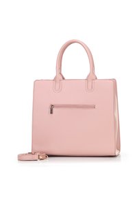 Różowa skórzana torba na ramię z dwoma uchwytami u góry, odpinanym paskiem na ramię i przednią kieszenią na zamek. Gładka tekstura i strukturalny design.