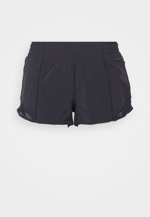 Black athletic shorts with a stretchy waistband, slight side slits, and smooth, lightweight fabric. Features layering design for comfort.