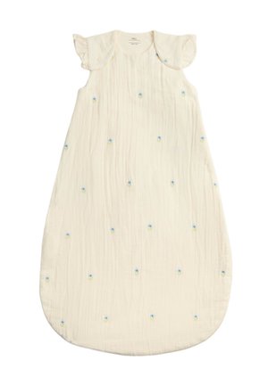 Gigoteuse bébé sans manches couleur crème avec petite broderie florale bleue et détails à volants aux épaules.
