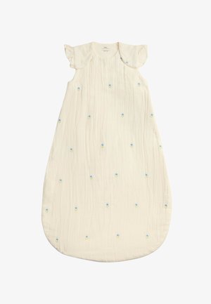 Gigoteuse bébé sans manches couleur crème avec petite broderie florale bleue et détails à volants aux épaules.