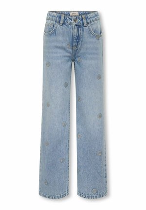 Jean large en denim bleu clair avec taille haute, ornée de broderies florales métalliques dispersées et d'un design classique à cinq poches.