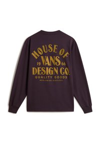 Koszula z długim rękawem, fioletowa, bawełniana, z złotym nadrukowanym napisem: "HOUSE OF VANS DESIGN CO. 1966 QUALITY GOODS WORLDWIDE SERVICES."