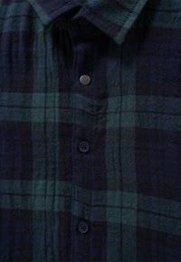 Camicia in flanella con motivo a quadri blu scuro e verde, dotata di patta con bottoni, colletto arrotondato e bottoni neri. Texture morbida.