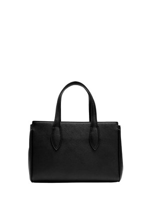 Czarna torebka ze skóry o fakturze, z dwoma uchwytami, prostokątnym kształcie i usztywnionym designem, przedstawiona na białym tle.