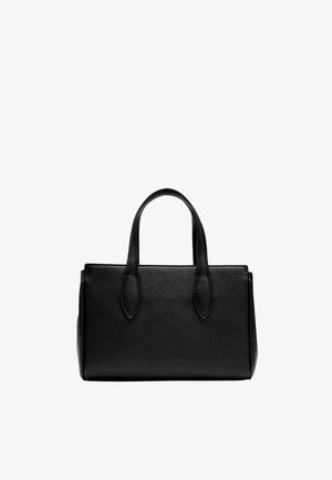 Czarna torebka ze skóry o fakturze, z dwoma uchwytami, prostokątnym kształcie i usztywnionym designem, przedstawiona na białym tle.