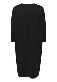 Abito nero a maniche lunghe con una vestibilità rilassata, scollatura rotonda e taglio dritto. Presenta una texture uniforme e dettagli minimi.