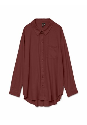 Pikad varrukad, tume punane nööpidega särk krae ja rinnataskuga, valgel taustal.