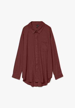 Overhemd met lange mouwen en knopen in donkerrood met een kraag en borstzak, getoond op een witte achtergrond.