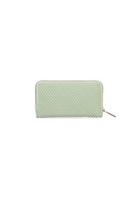 Portafoglio verde trapuntato con un motivo testurizzato, materiale liscio e un'accoppiatura con zip in tono oro. Forma rettangolare con bordi arrotondati.