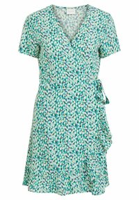 Grön omlottklänning med ett flerfärgat blommönster. Kort ärm, V-ringning, sidoknytning och volangavslut för extra detaljer.