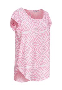 T-shirt à manches courtes rose avec un motif géométrique blanc, présentant une coupe décontractée et un ourlet arrondi. Fabriqué en tissu léger.