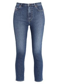 Högmidjade denimjeans i medelblått med smal passform, med fem fickor, bälteshällor och dragkedja med metallknapp.