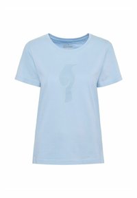 Jasnoniebieska koszulka z krótkim rękawem, wykonana z miękkiego materiału, z delikatnym wzorem sylwetki ptaka na przodzie. Okrągły dekolt, luźny krój.