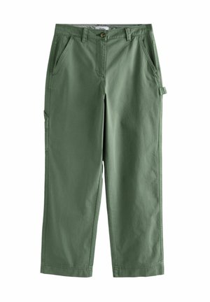 Green cargo pants with a loose fit, made of cotton. Features side pockets and a button closure. Smooth texture and ankle-length design.