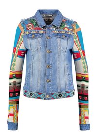 Farkkutakki, jossa on kirjailtu kukkakoriste, moniväriset neulotut hihat ja helmikirjailu kauluksessa ja helmassa.