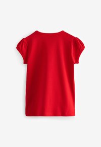 Rotes kurzärmliges T-Shirt mit Rundhalsausschnitt, featuring Puffärmel und einer glatten Baumwolltextur. Minimalistisches Design, einfarbig.