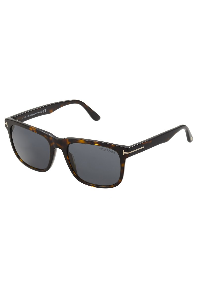 Tortoiseshell sunglasses with gray lenses. Square frame design, metal accents on temples. Durable plastic material with a glossy finish.