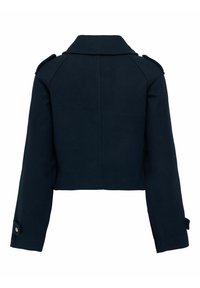 Beskaaret, navy uldjakke med bred krave, skulderklapper og knapdetaljer ved manchetterne. Glat tekstur og skræddersyet pasform.