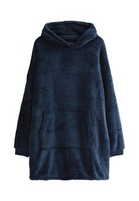Navy blue oversized hoodie made of plush, soft material; features a large front pocket and a drawstring hood. Smooth texture overall.