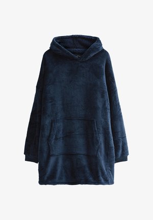 Mörkblå oversize-hoodie i plysch, mjukt material; har en stor framficka och en huva med dragsko. Mjuk och slät yta överallt.