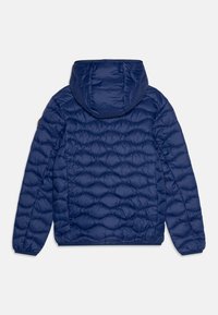 Veste matelassée bleu marine avec un motif matelassé, capuche et poignets élastiques. Dotée d'une fermeture éclair et d'une texture lisse et brillante. Vue arrière affichée.