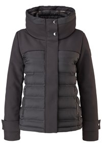 Doudoune noire avec un col haut, présentant un matériau extérieur doux, des poches latérales zippées et une combinaison de textures lisses et matelassées.