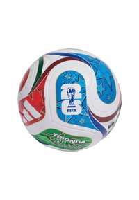 White soccer ball with colorful blue, red, and green star patterns, FIFA World Cup trophy logo, and Adidas branding.
