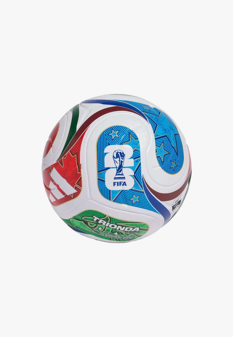 White soccer ball with colorful blue, red, and green star patterns, FIFA World Cup trophy logo, and Adidas branding.
