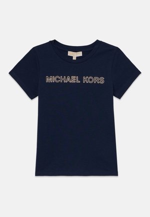 T-shirt di cotone blu navy con scollo a giro e maniche corte, con "MICHAEL KORS" stampato in bold dorato sul davanti.