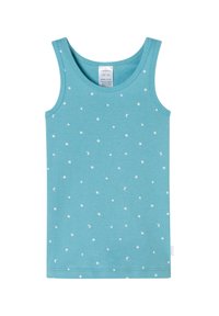 Light blue tank top made of organic cotton, featuring a pattern of small white stars and crescent moons, with a classic round neckline.