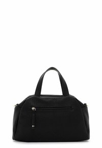 Sac à main en cuir noir à texture grainée avec une forme arrondie, de courtes poignées et une poche zippée à l'avant. Présente une surface texturée et des accents dorés.