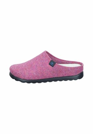 Pink felt clog slipper with a soft inner lining, low back, and black rubber sole featuring a wavy tread pattern. Small brand tag visible.