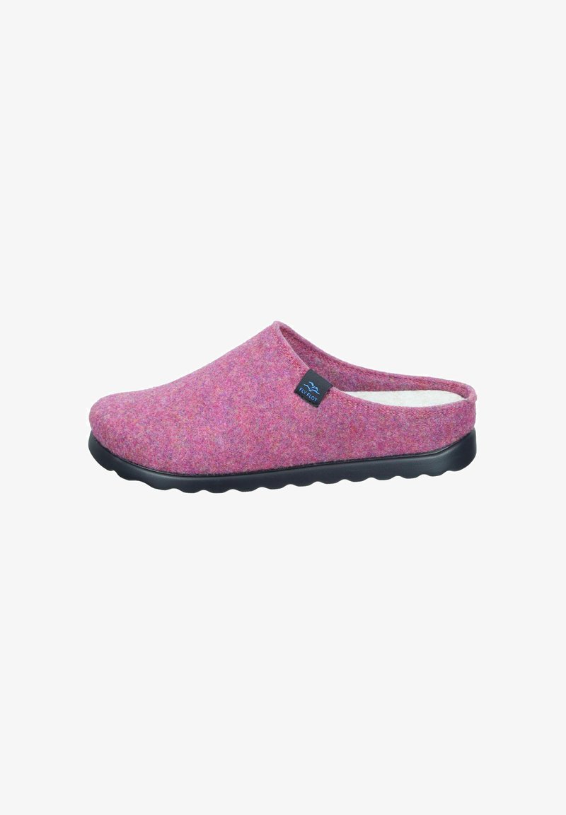 Pink felt clog slipper with a soft inner lining, low back, and black rubber sole featuring a wavy tread pattern. Small brand tag visible.